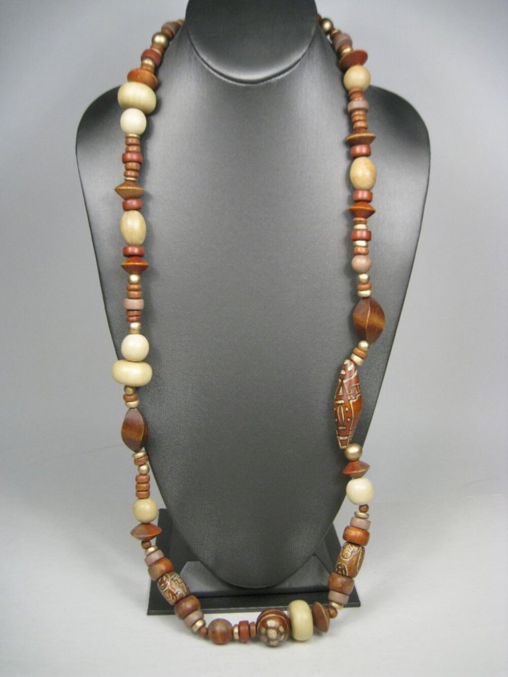 Long Multi Tonal Wooden Beaded Necklace Tribal Boho Hippie 35 in Approx